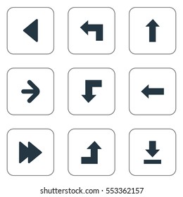 Set Of 9 Simple Pointer Icons. Can Be Found Such Elements As Left Direction, Right Direction, Reduction And Other.