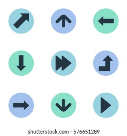 Set Of 9 Simple Pointer Icons. Can Be Found Such Elements As Right Landmark, Right Direction , Increasing.