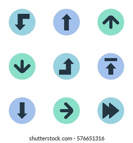 Set Of 9 Simple Pointer Icons. Can Be Found Such Elements As Reduction, Downwards Pointing, Right Direction And Other.