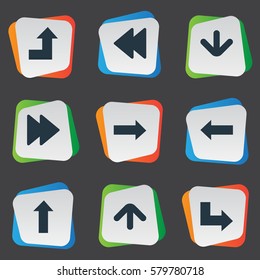 Set Of 9 Simple Pointer Icons. Can Be Found Such Elements As Rearward, Right Direction, Upward Direction And Other.