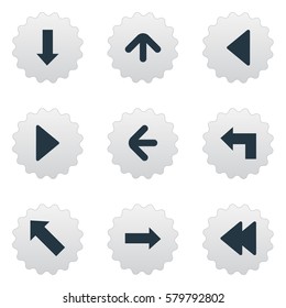 Set Of 9 Simple Pointer Icons. Can Be Found Such Elements As Upward Direction , Downwards Pointing, Right Landmark.