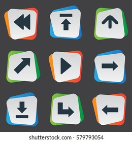 Set Of 9 Simple Pointer Icons. Can Be Found Such Elements As Rearward, Upward Direction, Let Down And Other.