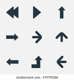 Set Of 9 Simple Pointer Icons. Can Be Found Such Elements As Right Landmark, Rearward, Right Direction.