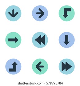 Set Of 9 Simple Pointer Icons. Can Be Found Such Elements As Right Direction, Rearward, Left Direction And Other.