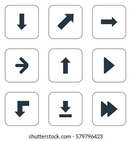 Set Of 9 Simple Pointer Icons. Can Be Found Such Elements As Advanced, Downwards Pointing, Let Down And Other.