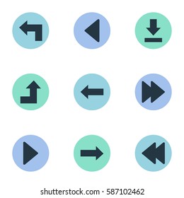 Set Of 9 Simple Pointer Icons. Can Be Found Such Elements As Right Direction , Left Landmark , Rearward.