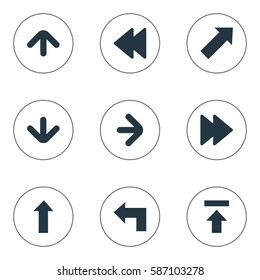 Set Of 9 Simple Pointer Icons. Can Be Found Such Elements As Indicator, Upward Direction, Rearward And Other.