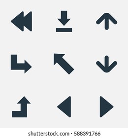 Set Of 9 Simple Pointer Icons. Can Be Found Such Elements As Rearward, Upward Direction, Pointer And Other.
