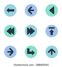 Set Of 9 Simple Pointer Icons. Can Be Found Such Elements As Upward Direction, Right Direction, Transfer And Other.