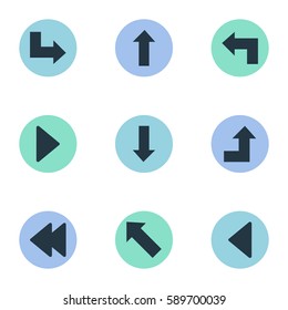 Set Of 9 Simple Pointer Icons. Can Be Found Such Elements As Upward Direction , Right Landmark, Pointer.