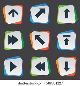Set Of 9 Simple Pointer Icons. Can Be Found Such Elements As Rearward, Downwards Pointing, Indicator And Other.