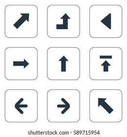 Set Of 9 Simple Pointer Icons. Can Be Found Such Elements As Upward Direction , Indicator , Left Landmark.