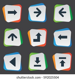Set Of 9 Simple Pointer Icons. Can Be Found Such Elements As Upward Direction, Left Direction, Right Direction And Other.