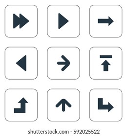 Set Of 9 Simple Pointer Icons. Can Be Found Such Elements As Right Landmark, Upward Direction , Right Direction.