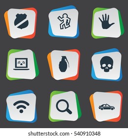 Set Of 9 Simple Police Icons. Can Be Found Such Elements As Volunteer, Internet, Automobile And Other.