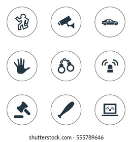 Set Of 9 Simple Police Icons. Can Be Found Such Elements As Lock, Grid, Siren And Other.
