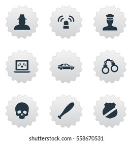 Set Of 9 Simple Police Icons. Can Be Found Such Elements As Baseball Bat, Officer Badge, Automobile And Other.