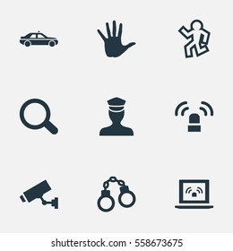 Set Of 9 Simple Police Icons. Can Be Found Such Elements As Safety, Volunteer, Siren And Other.