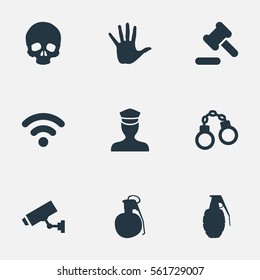 Set Of 9 Simple Police Icons. Can Be Found Such Elements As Safety, Volunteer, Internet And Other.