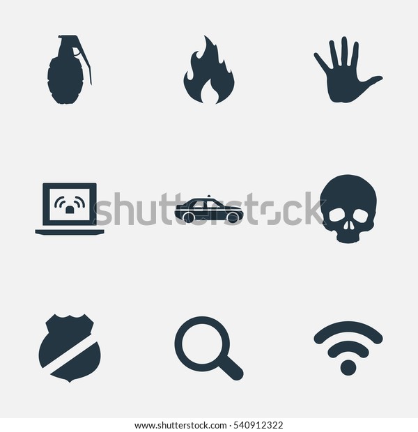 Set Of 9 Simple Police\
Icons. Can Be Found Such Elements As Magnifier, Blaze, Automobile\
And Other.