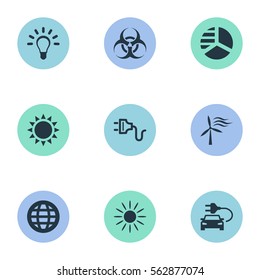 Set Of 9 Simple Power Icons. Can Be Found Such Elements As Biology Peril, Socket, Diagram And Other.