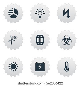 Set Of 9 Simple Power Icons. Can Be Found Such Elements As Daylight, Fahrenheit, Biology Peril And Other.