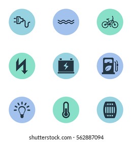 Set Of 9 Simple Power Icons. Can Be Found Such Elements As Socket, Fahrenheit, Petrol And Other.