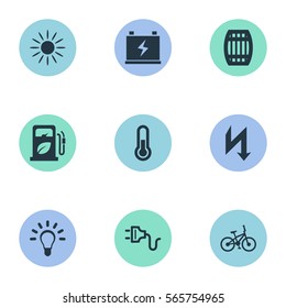 Set Of 9 Simple Power Icons. Can Be Found Such Elements As Socket, Bulb, Velocipede And Other.