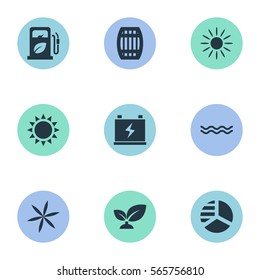 Set Of 9 Simple Power Icons. Can Be Found Such Elements As Cask, Petrol, Supply And Other.