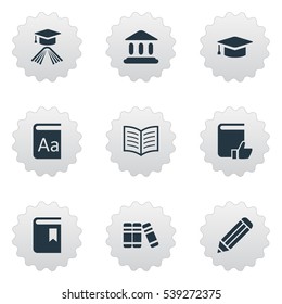 Set Of 9 Simple Reading Icons. Can Be Found Such Elements As Pen, Library, Book Page And Other.