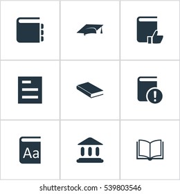 Set Of 9 Simple Reading Icons. Can Be Found Such Elements As Academic Cap, Important Reading, Journal And Other.
