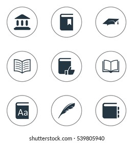 Set Of 9 Simple Reading Icons. Can Be Found Such Elements As Book Page, Recommended Reading, Plume And Other.