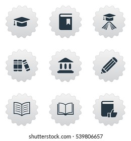 Set Of 9 Simple Reading Icons. Can Be Found Such Elements As Academic Cap, Pen, Library And Other.
