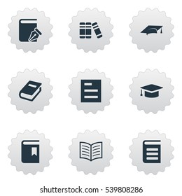 Set Of 9 Simple Reading Icons. Can Be Found Such Elements As Academic Cap, Notebook, Encyclopedia And Other.
