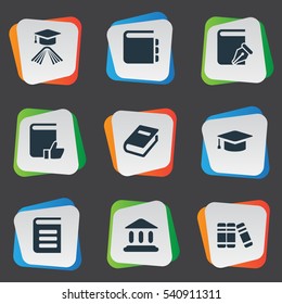 Set Of 9 Simple Reading Icons. Can Be Found Such Elements As Academic Cap, Library, Encyclopedia And Other.
