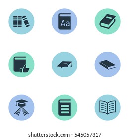 Set Of 9 Simple Reading Icons. Can Be Found Such Elements As Encyclopedia, Recommended Reading, Academic Cap And Other.