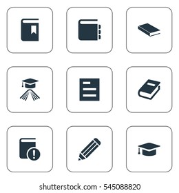 Set Of 9 Simple Reading Icons. Can Be Found Such Elements As Journal, Academic Cap, Notebook And Other.