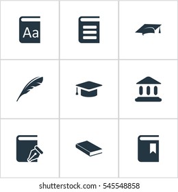 Set Of 9 Simple Reading Icons. Can Be Found Such Elements As Library, Sketchbook, Alphabet And Other.