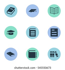 Set Of 9 Simple Reading Icons. Can Be Found Such Elements As Encyclopedia, Academic Cap, Tasklist And Other.