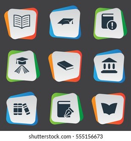 Set Of 9 Simple Reading Icons. Can Be Found Such Elements As Academic Cap, Sketchbook, Bookshelf And Other.