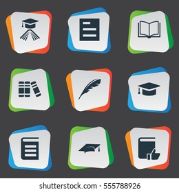 Set Of 9 Simple Reading Icons. Can Be Found Such Elements As Bookshelf, Tasklist, Blank Notebook And Other.