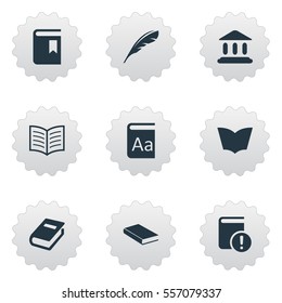 Set Of 9 Simple Reading Icons. Can Be Found Such Elements As Plume, Alphabet, Notebook And Other.