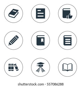 Set Of 9 Simple Reading Icons. Can Be Found Such Elements As Graduation Hat, Book Cover, Recommended Reading And Other.