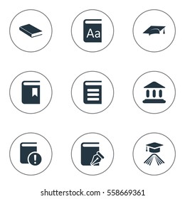 Set Of 9 Simple Reading Icons. Can Be Found Such Elements As Sketchbook, Alphabet, Encyclopedia And Other.