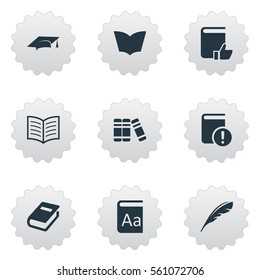 Set Of 9 Simple Reading Icons. Can Be Found Such Elements As Plume, Book Page, Notebook And Other.