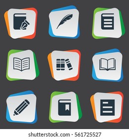 Set Of 9 Simple Reading Icons. Can Be Found Such Elements As Book Cover, Blank Notebook, Plume And Other.