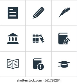 Set Of 9 Simple Reading Icons. Can Be Found Such Elements As Book Page, Library, Important Reading And Other.