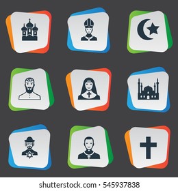 Set Of 9 Simple Religion Icons. Can Be Found Such Elements As Pontiff, Mohammedanism, Catholic And Other.