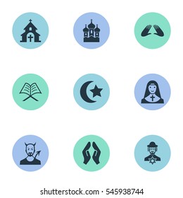 Set Of 9 Simple Religion Icons. Can Be Found Such Elements As Mohammedanism, Catholic, Christian And Other.