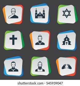 Set Of 9 Simple Religion Icons. Can Be Found Such Elements As Temple, Buddhist, Clergyman And Other.